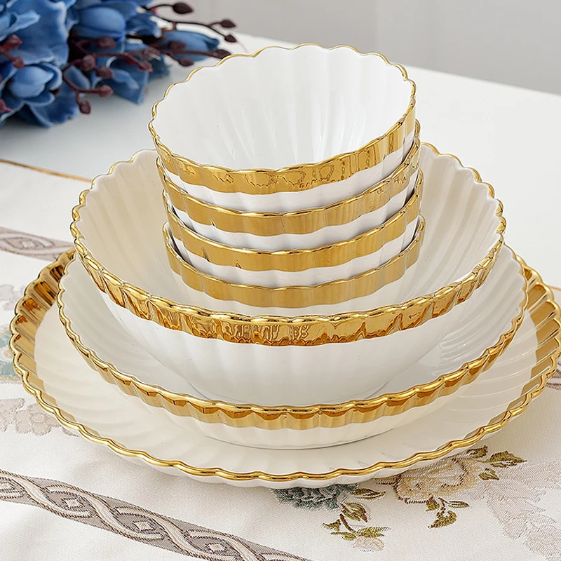 High-end Kitchen Tableware Ceramic Bowl Plates Sets Nordic White Gold Rim Ceramic Dinnerware Sets luxury Crockery Dinner Sets