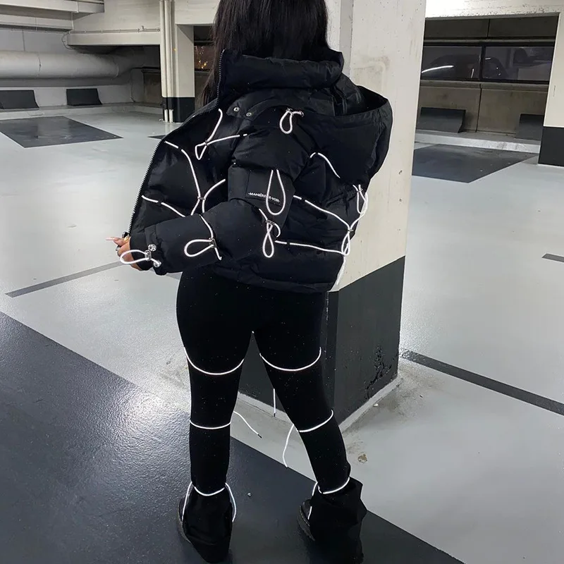 Fashion Ladies High Waist Reflective Ropes Pants Black Flared Bottom Trousers