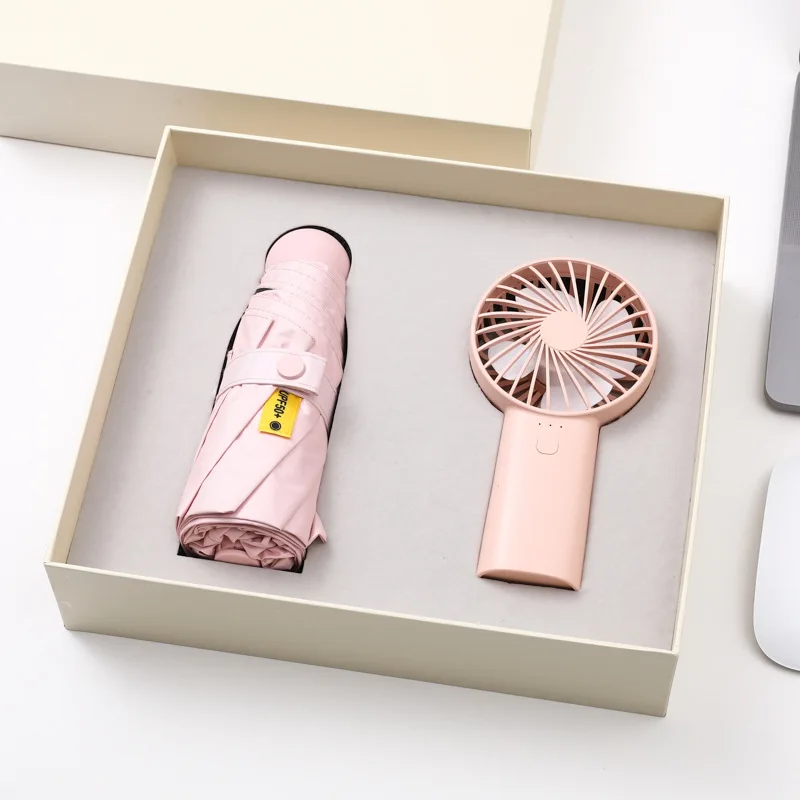 Promotional Gift Set Summer Cool Gift Corporate Mini Handheld Fan and Umbrella Gift Sets Mini Fan With Mini Umbrella