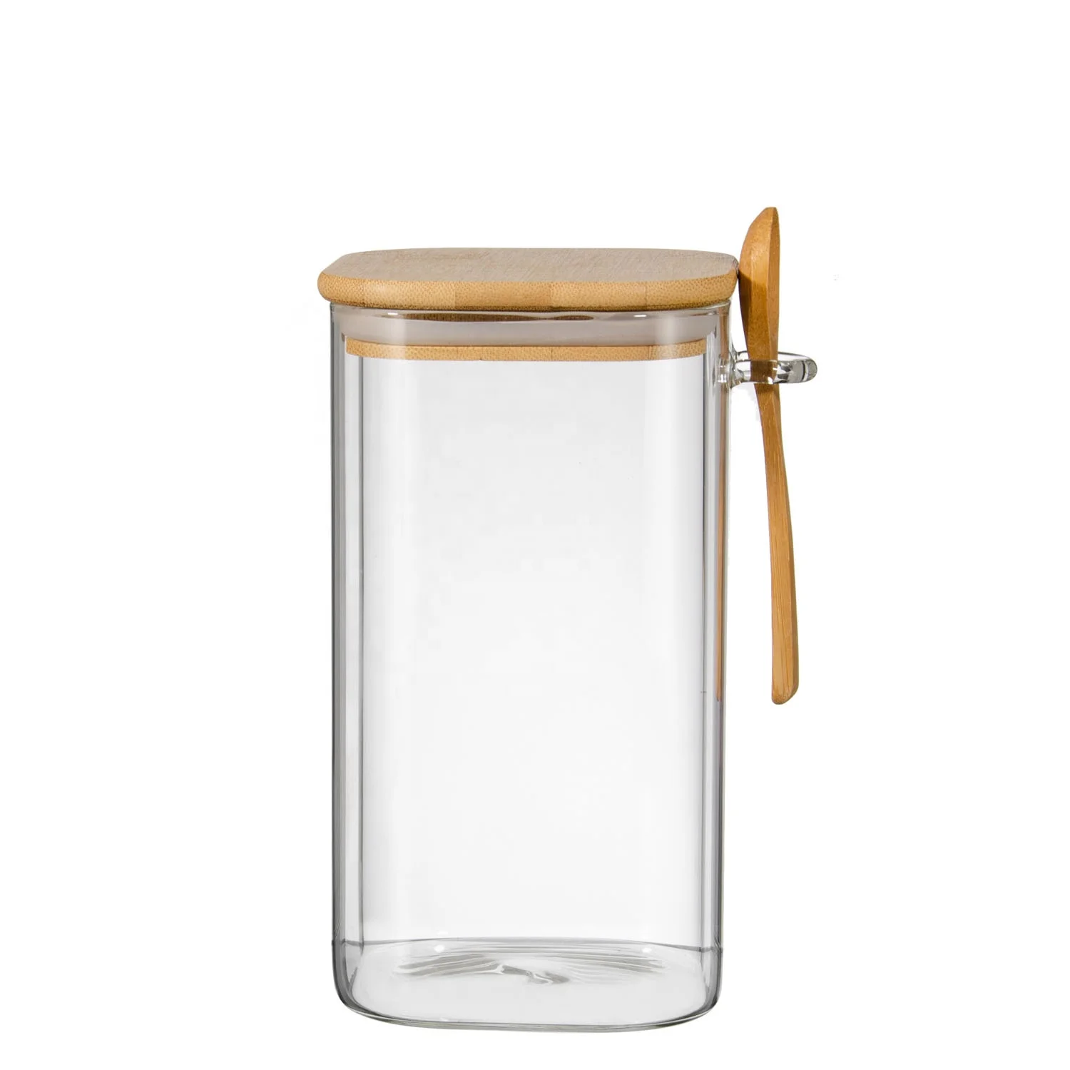 samyo Custom Large Square shape Kitchen Food Coffee Bean Oat Container Glass Storage Bottles Jar With Lids spoon