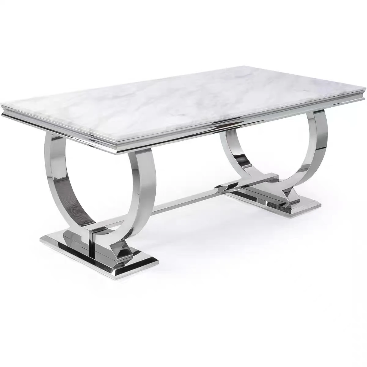 Luxury Rectangle Marble Dining table with Chairs Silver color stainless steel Living room Furniture Dining Table Set