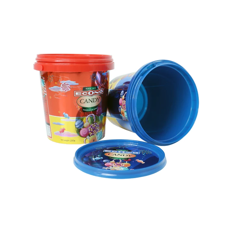 Custom round Plastic Bucket with Lid and Handle Printed Logo in Color for Candy Food Packaging for Paint and Oil Usage