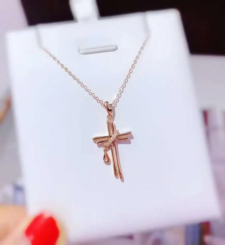 Wholesale delicate design double cross 18K Solid Gold diamond  Pendant Fashion Necklace for women