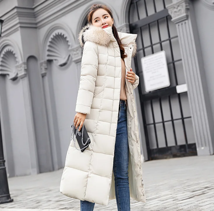 2020 winter new female long section over the knee slim thick coat large fur collar down cotton coat wholesale