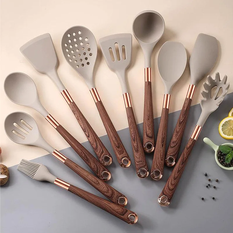 11 PCS Wooden Handle Ins Silicone Spoon Spatula Turner Tongs Kitchen Gadgets Utensil Set for Nonstick Cookware