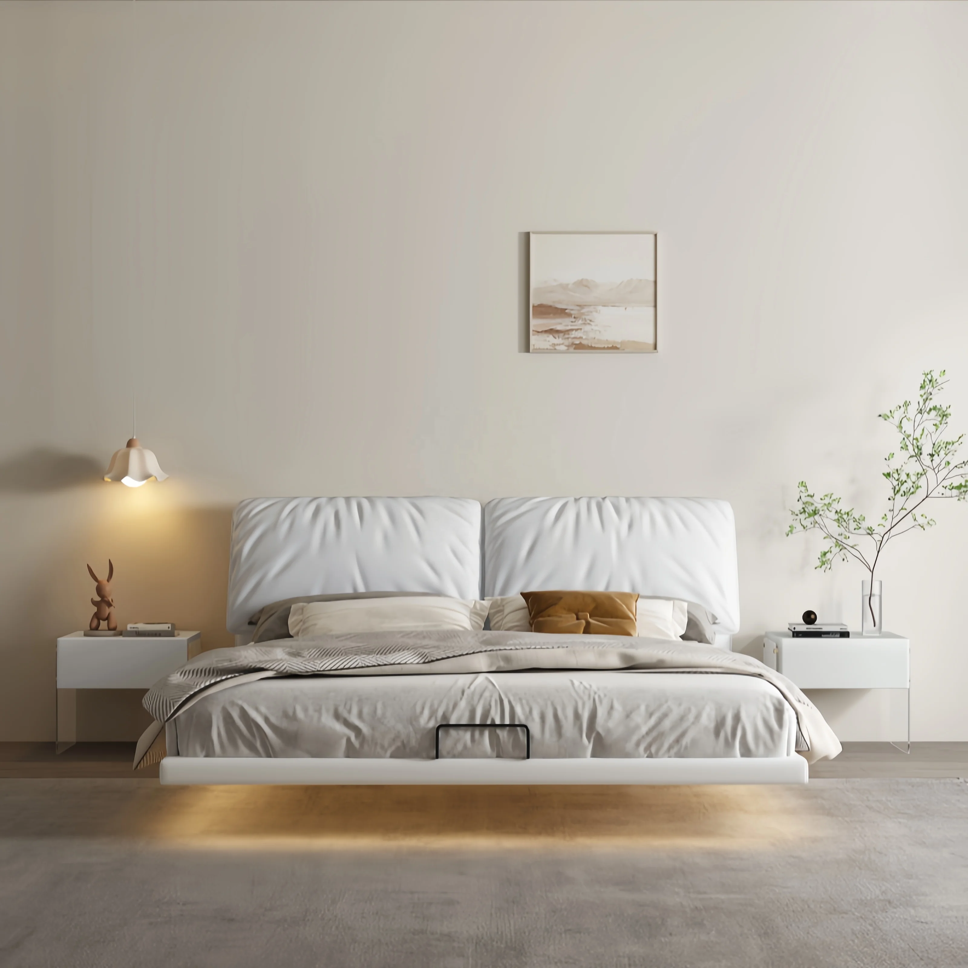 Elande Best Modern Suspended Floor Bed Queen King Size Platform Bedroom Furniture Modern Soft Bed With Headboard