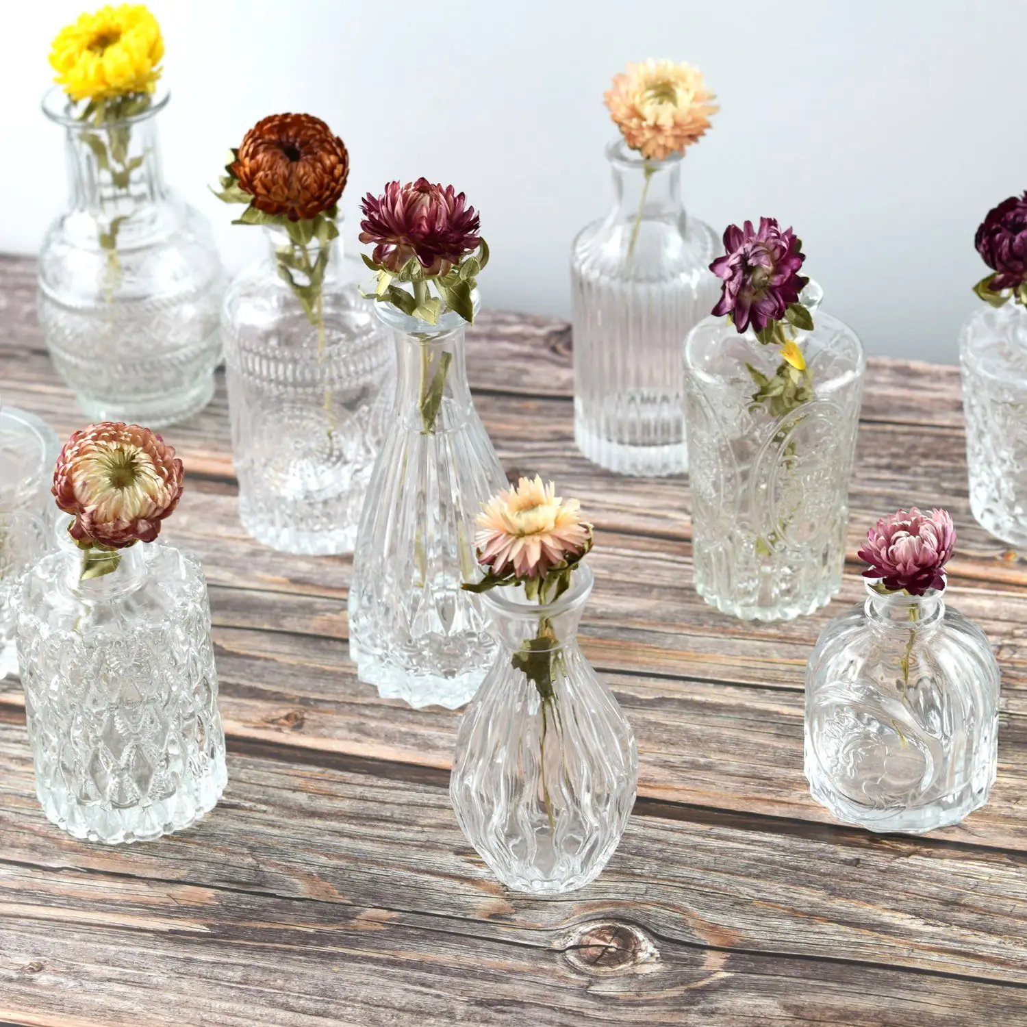 Glass Bud Vase Set of 10 Clear Bud Vases in Bulk for Small Flower Centerpieces and Rustic Decorations