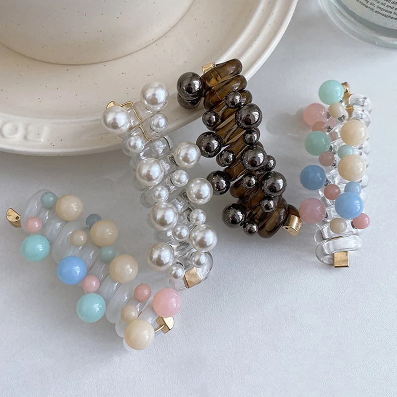 7cm Pearls Elastic Telephone Wire Cords With Metal Hooks Japanese Weaving Ponytail Artifact Tools Bun-Head Holders