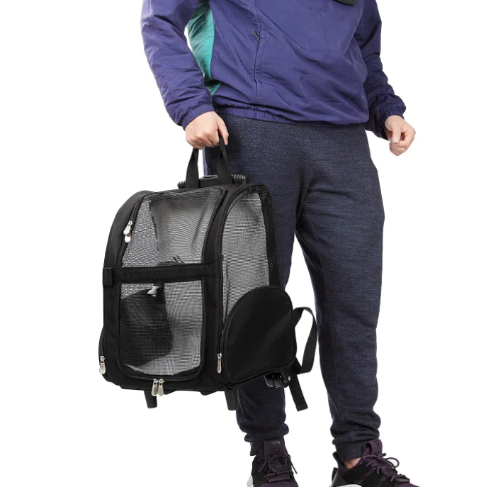 Multi-Function Breathable Mesh Fabric Oxford Black Pet Carrier Bag With Wheels Pet Travel Trolley Backpack Approved by Airlines