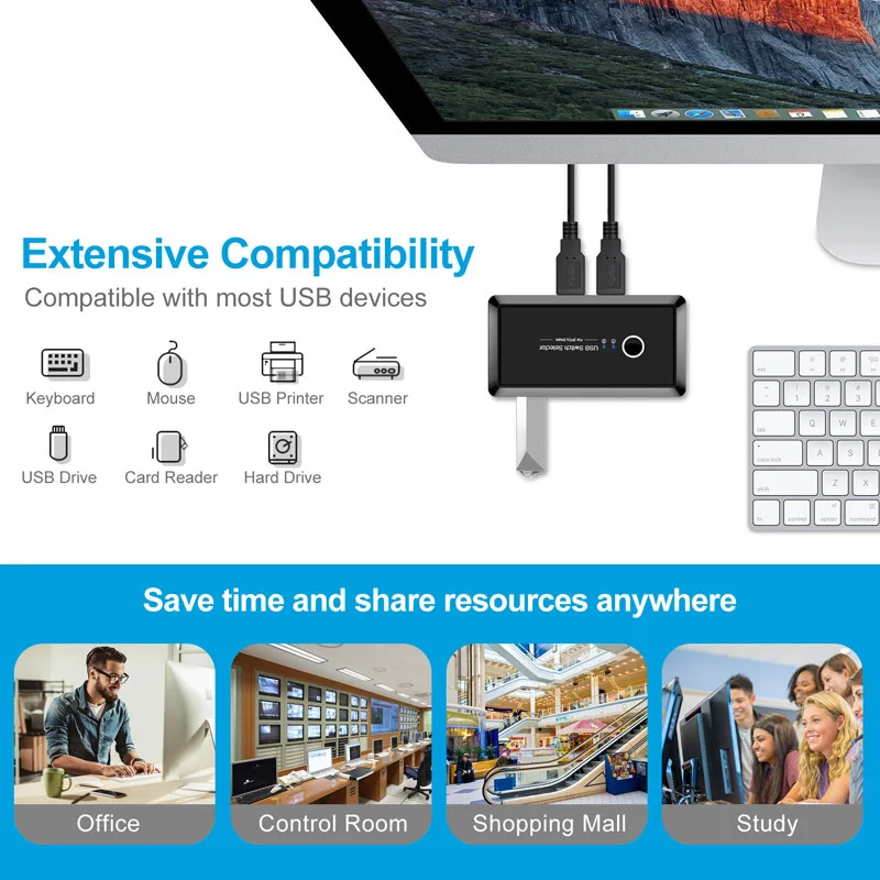 USB Switch Selector 4 Port USB 2.0 Sharing Switcher For PC Scanner Printer