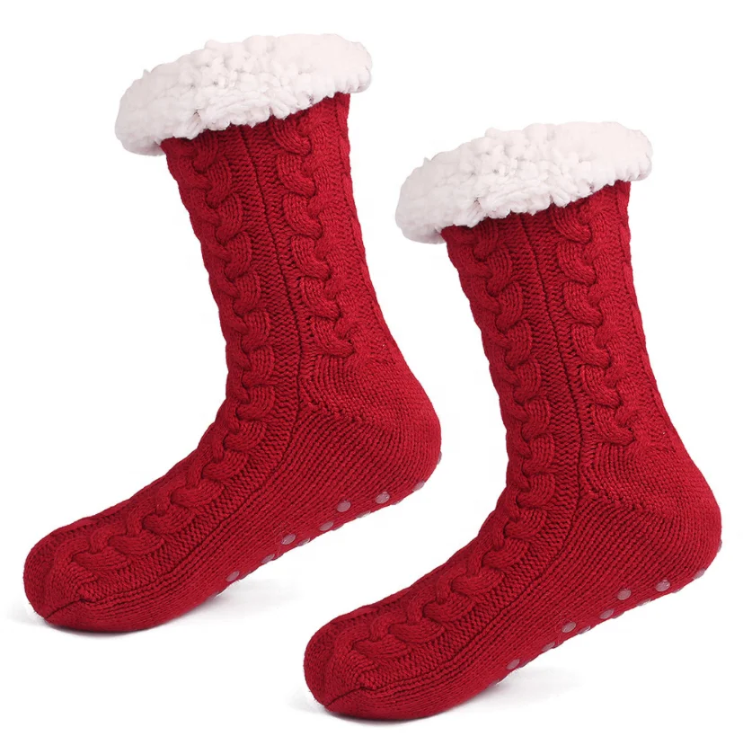 wholesale holiday warm slipper floor socks red custom grip socks manufacturer winter thick fleece socks
