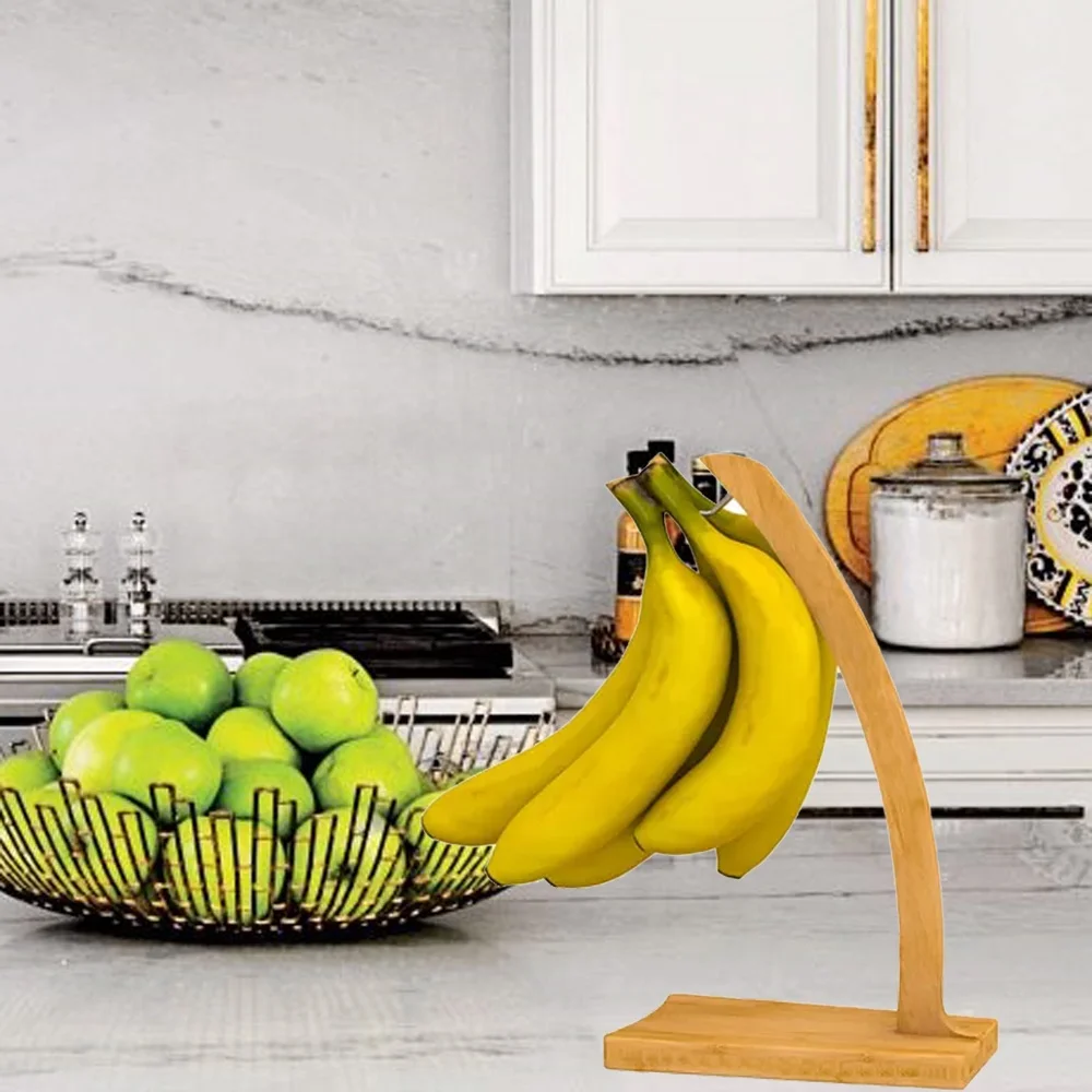 Newest wood fruit display rack bamboo holder hook tree stand banana hanger