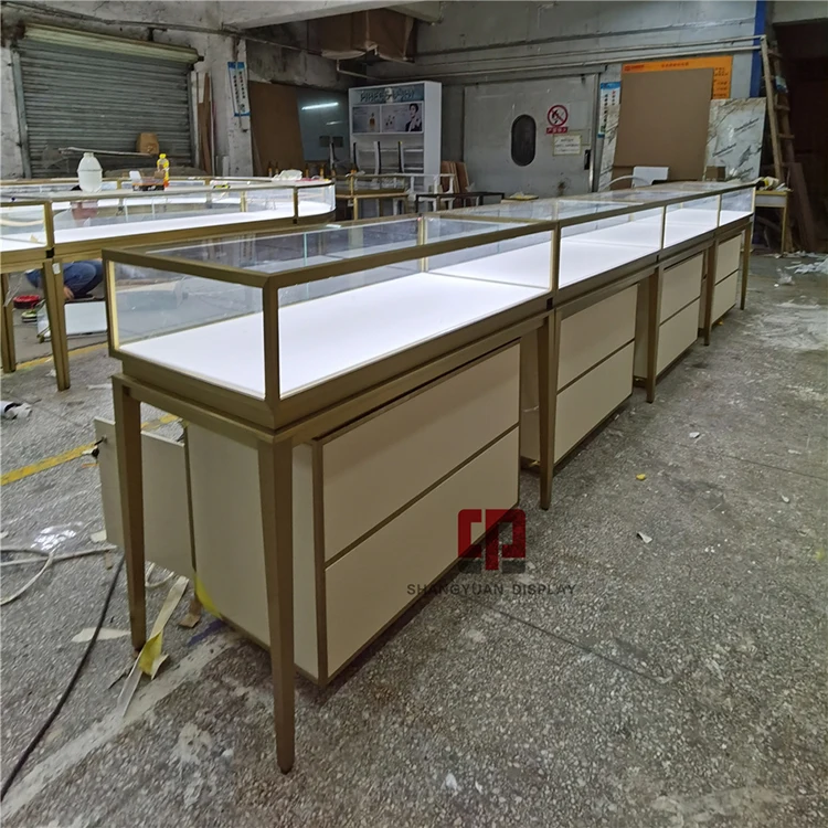 Luxury store metal stainless steel glass showcase High-end jewelry store display counter Leather hard case locker