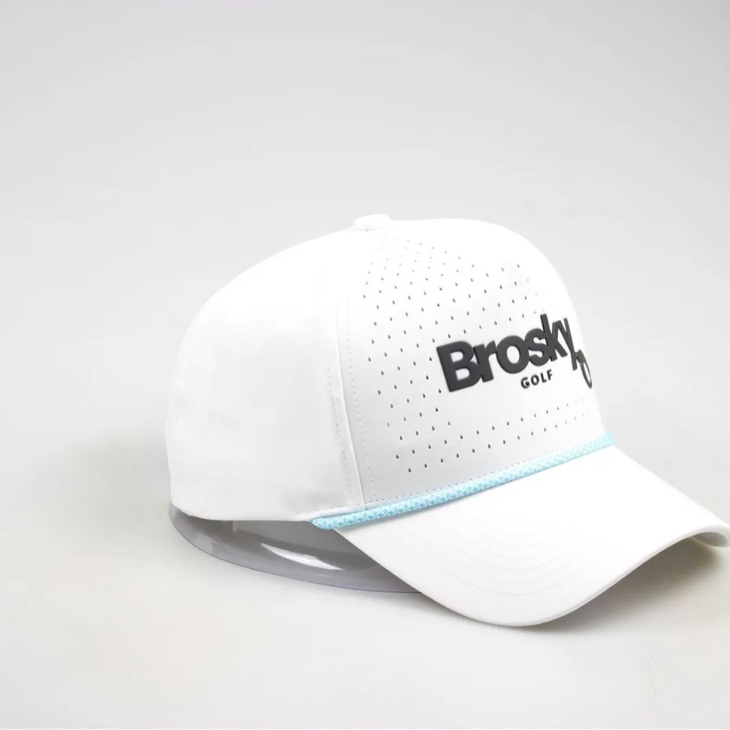 Fashion Custom Sports 5 Panel Rubber loop  Logo Baseball Cap, Waterproof Laser Cut Drilled Hole Perforated Curved Brim golf Hat