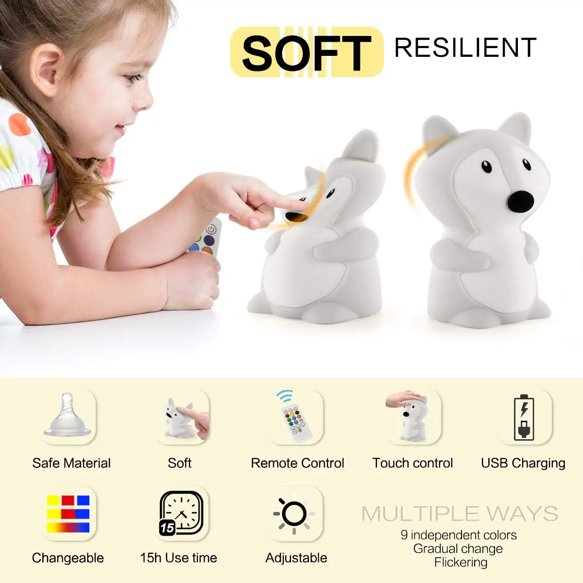 Rechargeable Colorful Cute  Silicone Fox Bear Bunny Koala Unicorn Night Light for Baby Nursery Children Night Light Lamp