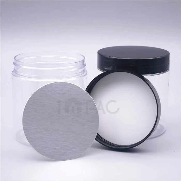 PET cosmetic clear plastic jars with black lids and heat induction liner
