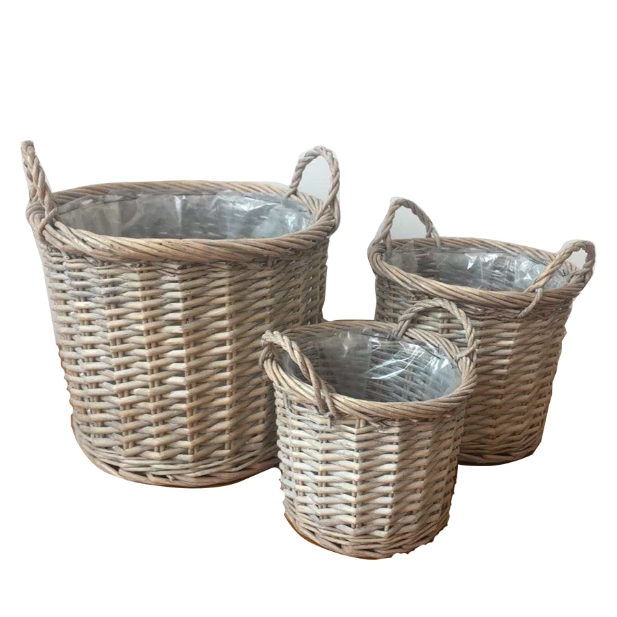 Willow Storage Baskets With handle Plastic Lining Weave Wicker For Planting Flower Pot