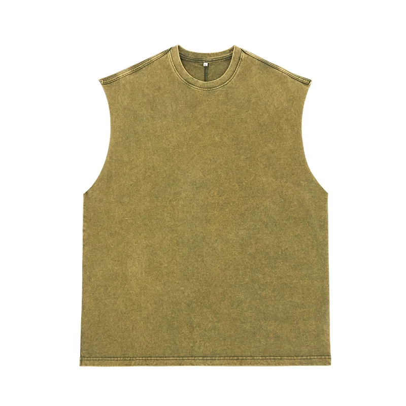 new style acid washed sleeveless cotton t-shirt for men retro washed cut raw edge oversized summer tank top