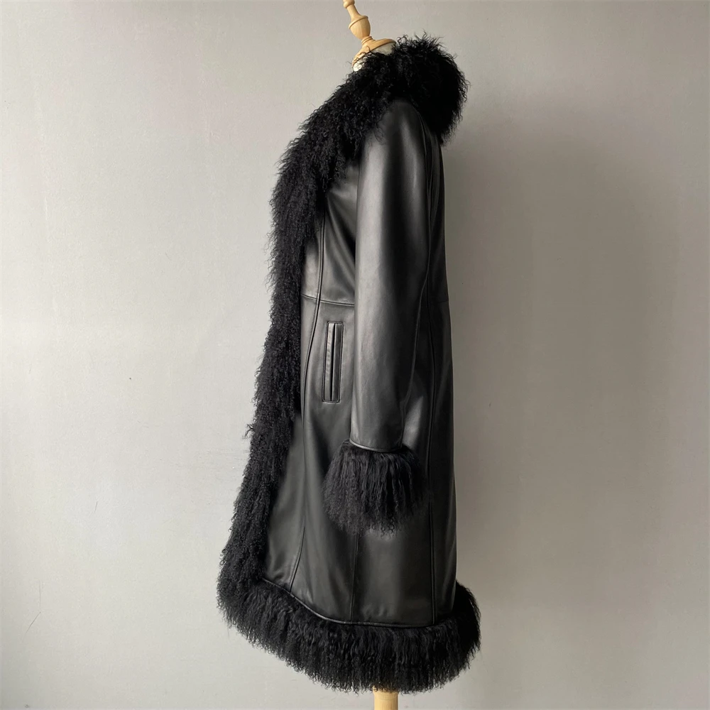 Wholesale Soft Fluffy Mongolian Lamb Fur Collar Outerwear Women Winter Fall Long Genuine Sheep Leather Coats with Fur for Ladies