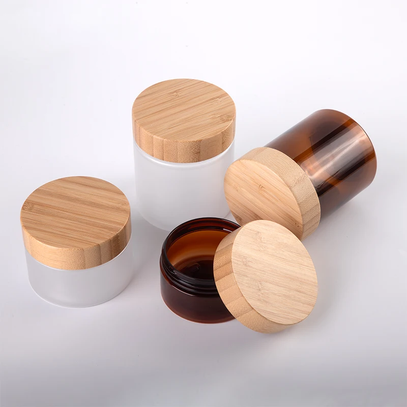 8oz 16oz 250mL 500mL frosted bamboo products amber clear pet plastic body butter cosmetic cream containers jar with bamboo lid