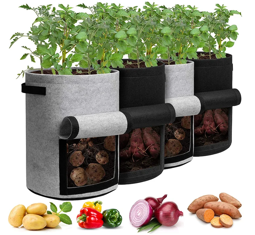 Custom Reusable Felt Planter Pot with Handles and Harvest Window for Potato Tomato and Vegetables