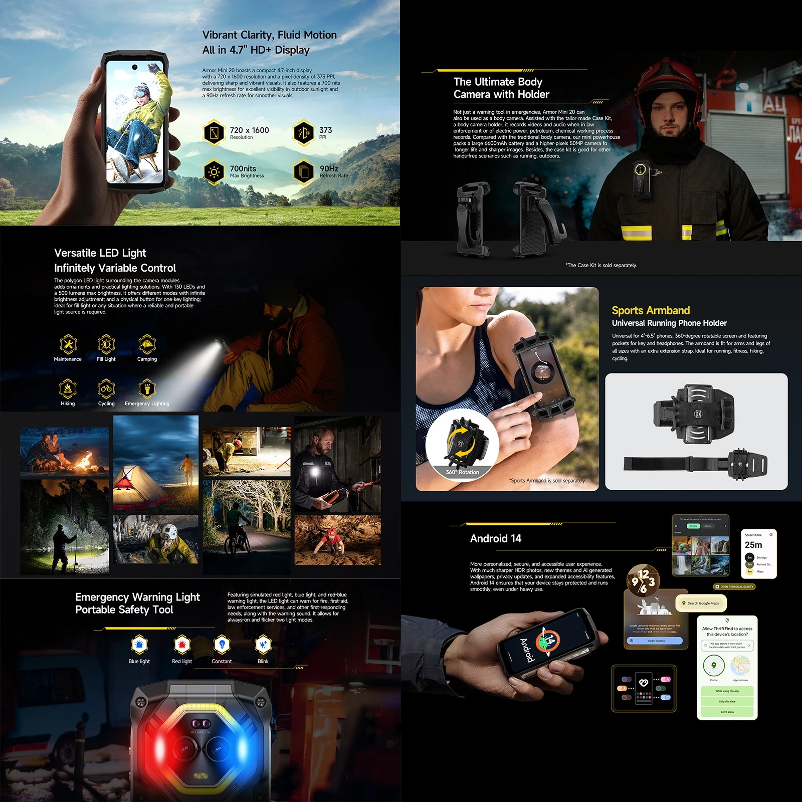 Ulefone Armor Mini 20 Rugged Phone 4.7 inch Android 14 Smartphone 4G NFC 8GB+256GB Unlocked Cellphone with Night Vision Camera