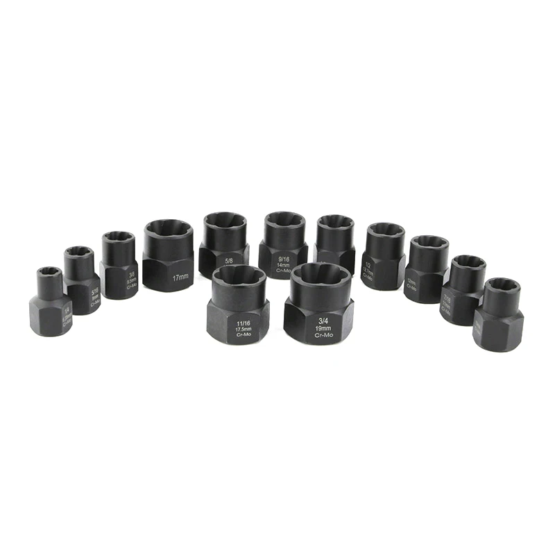 13Pcs 3/8 Impact Damaged Bolt Nut Remover Extractor Socket Tool Set in Plastic Box