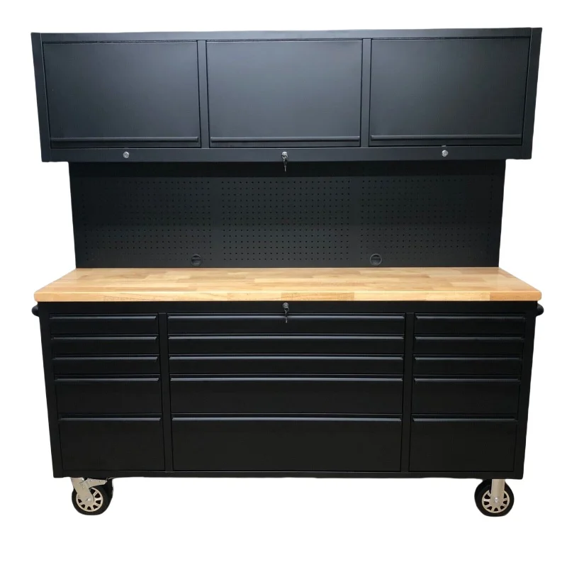 72 inch Workshop Storage multi-function Workbench 15 Drawers Tool Box Steel Garage Tool Chest Cabinet with pegboard back wall