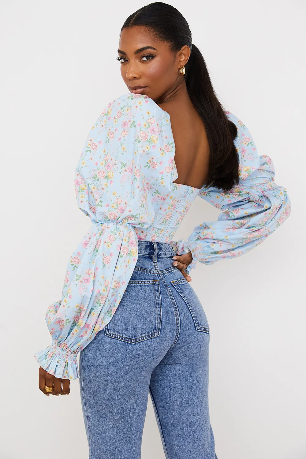 Floral Printing Sexy Square Collar Long Sleeve Top Puff Long Sleeve Corset Tops Ruched Lace Up Blouse Women Tops