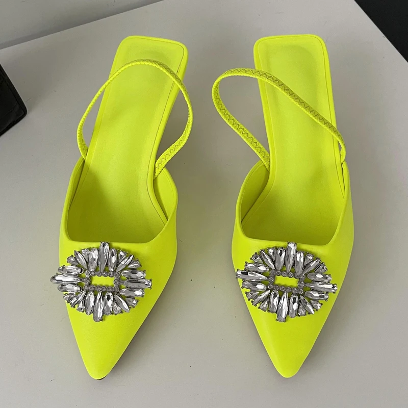 Eilyken Women Candy Colors Pointed Toe Mule Shoes Crystal Diamond Shallow Slip On Thin Low Heel Ladies Summer Pump Shoes