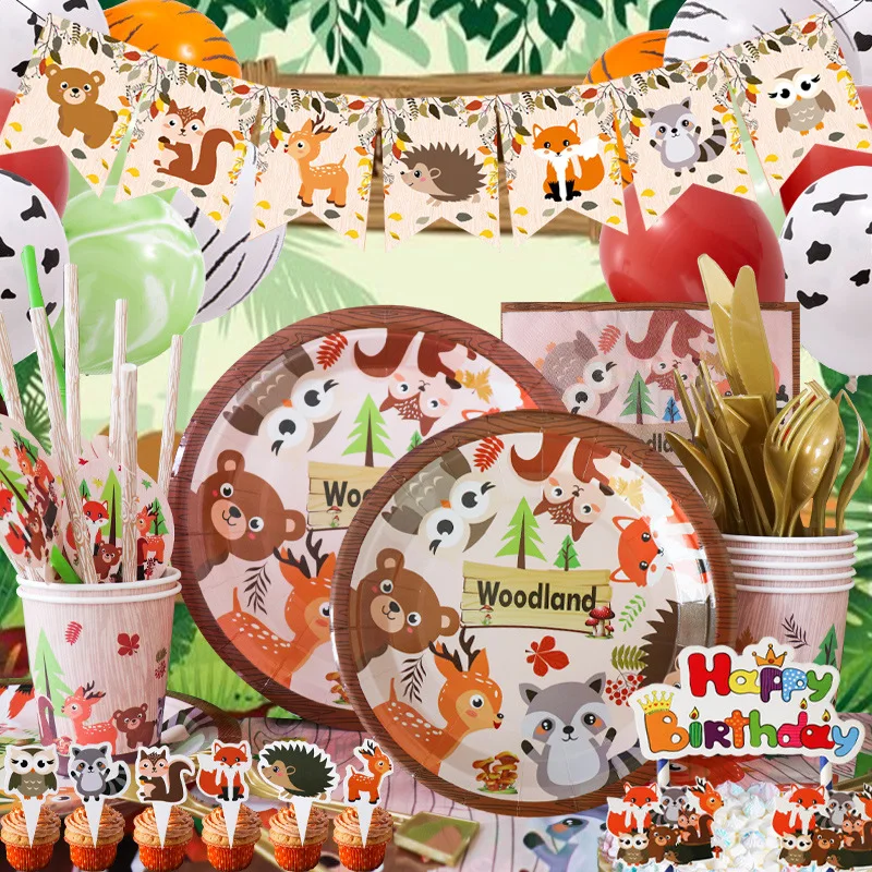 Birthday party decoration Tableware set Forest Animal Zoo Tableware banner cake topper Supplies set