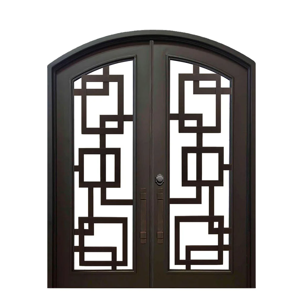 Tempered glass front entrance used unique pattern wrought iron door in Dallas
