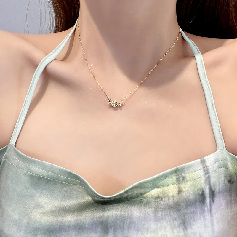 Newest Real Gold Plating Crystal Rhinestone Candy Clavicle Chain Necklace Stainless Steel Full Diamond Sweets Candy Necklace