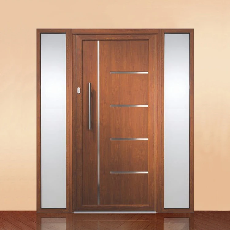 Foshan factory price modern front entry veneer wood glass single doors design exterior main entrance flush plywood wooden door