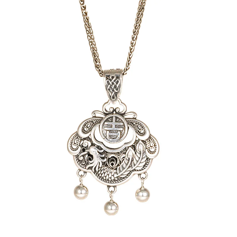 Chinese style s999 silver ancient style auspicious Phoenix lock pendant retro Xiangyun hollowed out Ruyi peace lock