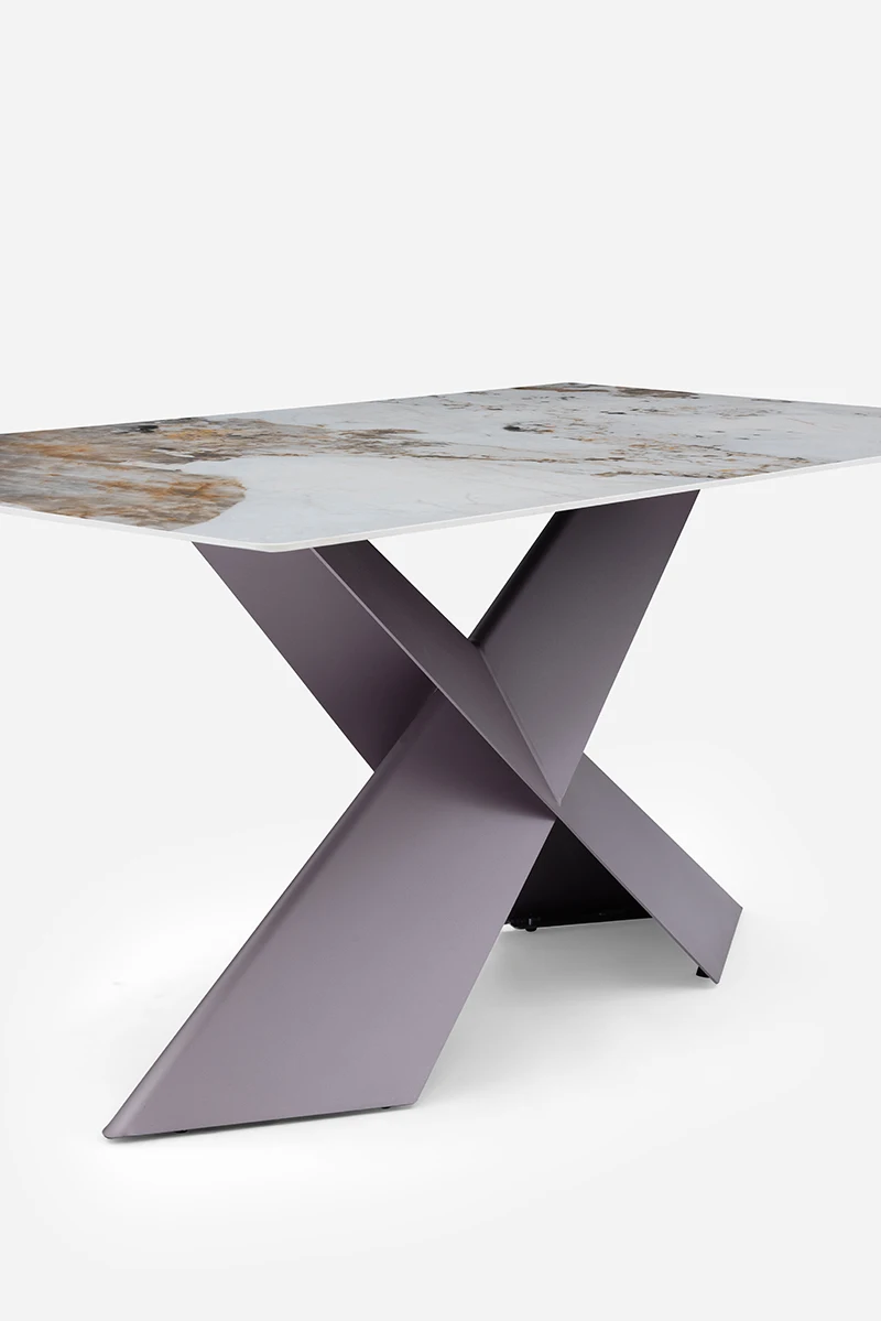 Modern X shape stainless steel base marble top new design dining table thin rock top six seat dinner room dining tables set