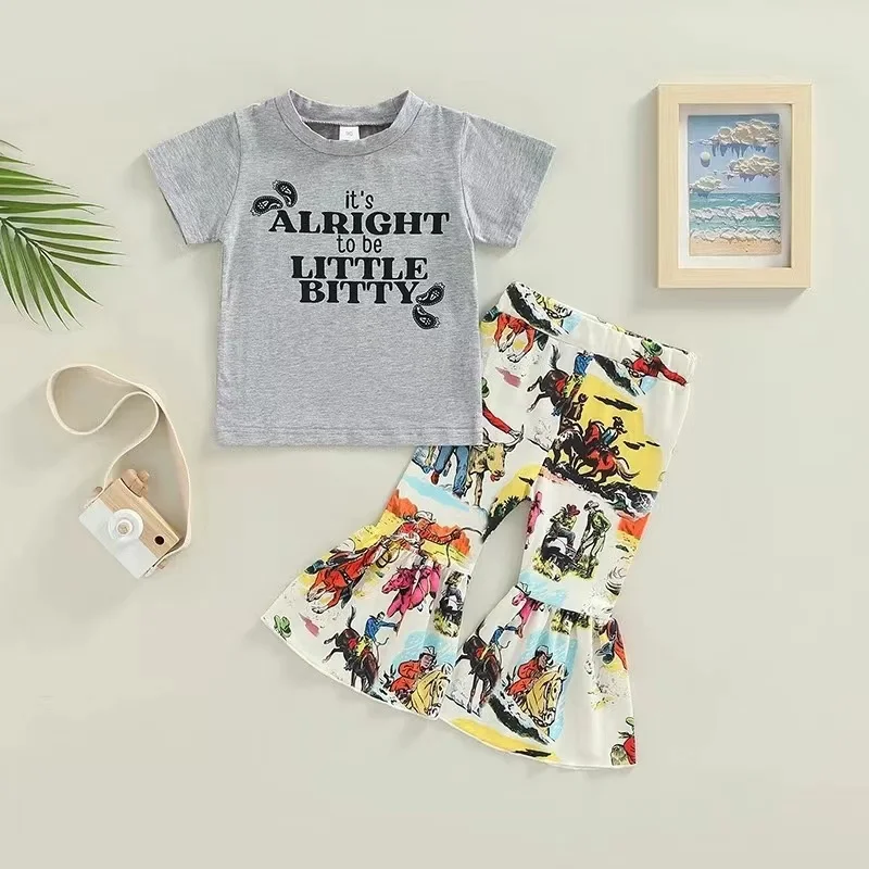 2023 Latest Fashion Western Baby Cowgirl Bell Bottom Outfits Kids Girls Clothes Sets