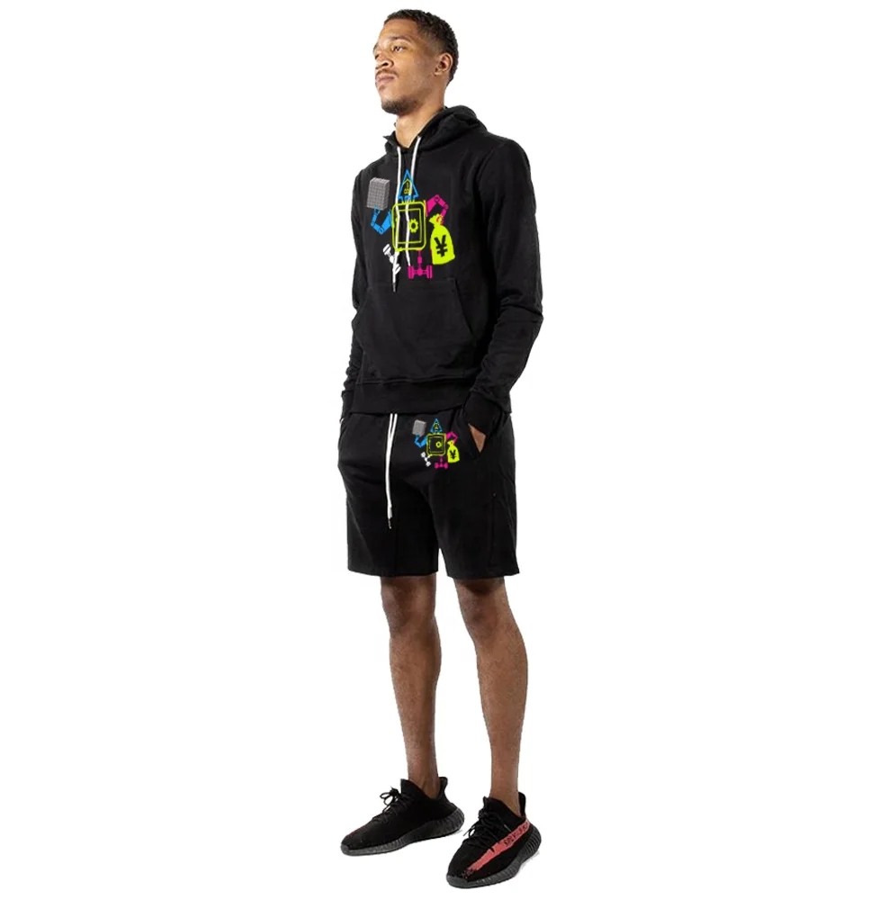 New design OEM Wholesale Summer hoodies gym Fitness mens hoodie short set  robot sweatsuit mens streetwear sets