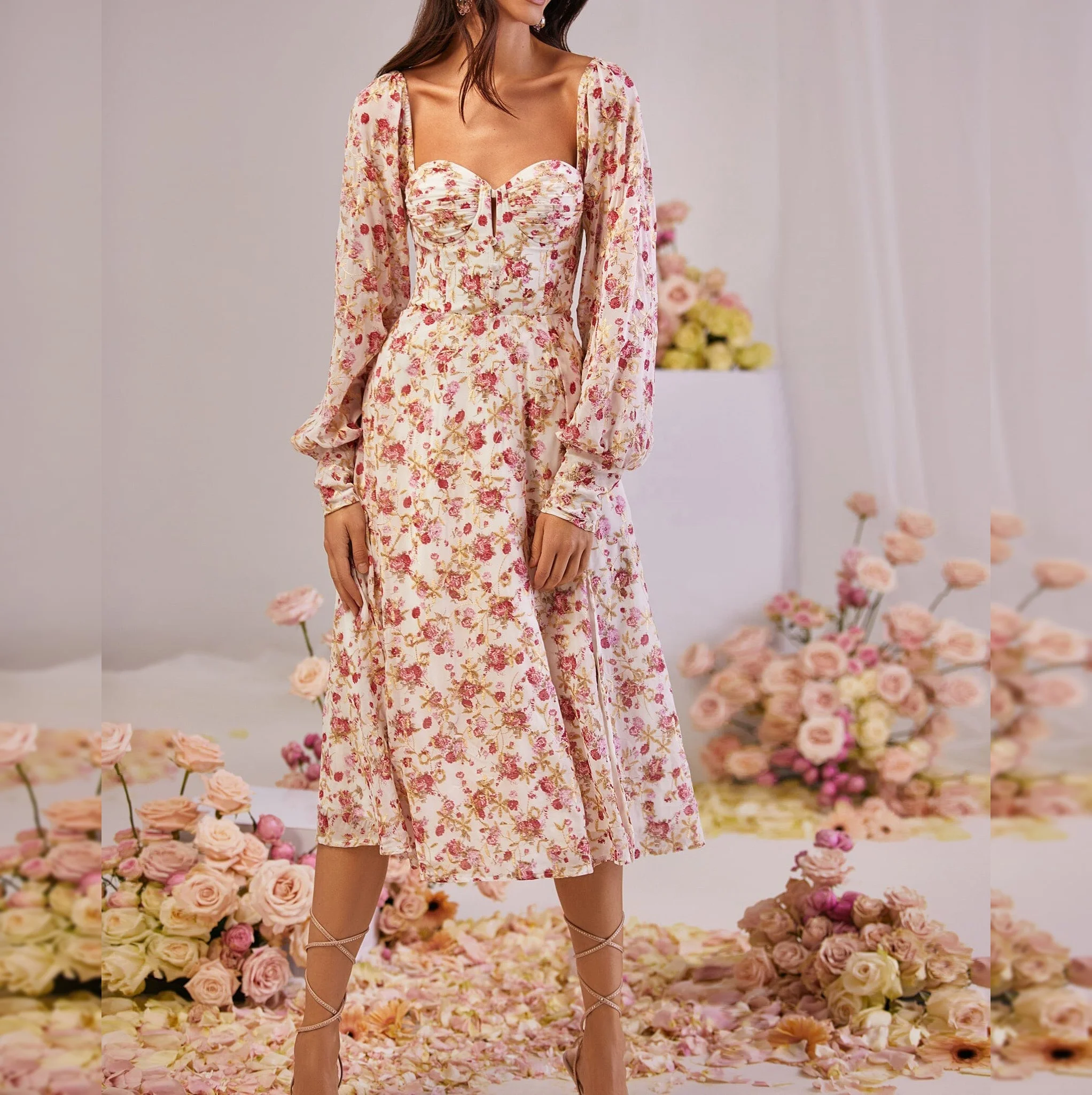 Romantic Lace-up Back Ruched Cups A-line Skirt Long Sleeves Floral Midi Dresses Big Swing Holiday Beach Casual Dress