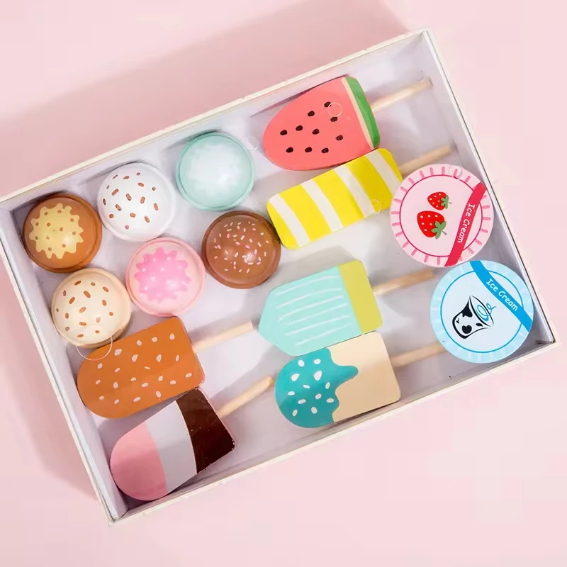 Ice Cream Counter play set for Kids Montessori Pretend Play Food Toys Kitchen Wooden Popsicle Set with Scoop & Cash Ice Cream
