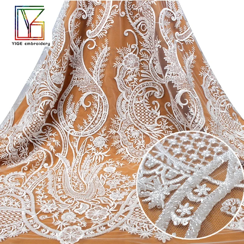 Sparkly Beads with Transparent Sequin on Tulle Mesh Fabric Embroidery  Beaded Bridal Lace Fabric