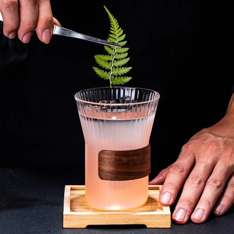 Japanese Style Handmade Vertical Stripe Coffee Mug With Bamboo Ring Glass Drinking Tea Cup with Wood Anti-scalding design