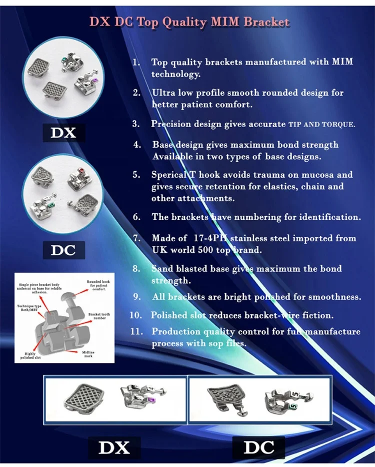 Denxy Dental Wholesale Metal MIM Orthodontic brackets Dental Braces Roth/Mbt Standard/Mini 018 022 Orthodontic Bracket Kit