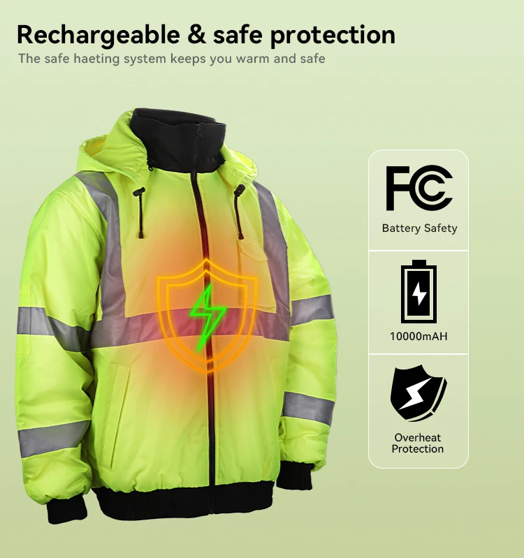 Heated Softshell Fluorescent Safety Jacket with Zipper Closure Warm Battery Pack Heated Vest and Jacket Warming Features