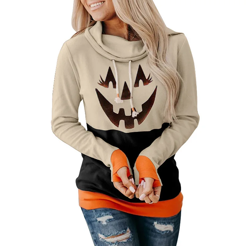 European and American Christmas long sleeve hoodie Halloween fashion cartoon contrast color turtleneck pullovers hoodie