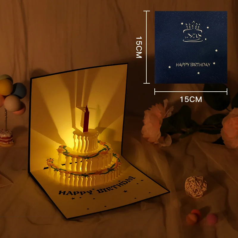 Birthday cake music lighting 3D greeting card paper carving creative gifts Holiday greetings card