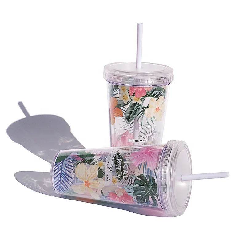 
Girlwill Flower Reusable Double Wall Plastic Cups With Lids And Straw Bottle Tumbler Wholesale Custom Logo Drink Coffee Mugs 