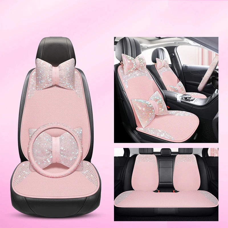 Universal Car Seat Cover Full Set Luxury Shiny Rhinestone Car Cushion Car Accessories Interior Decorative for Girls