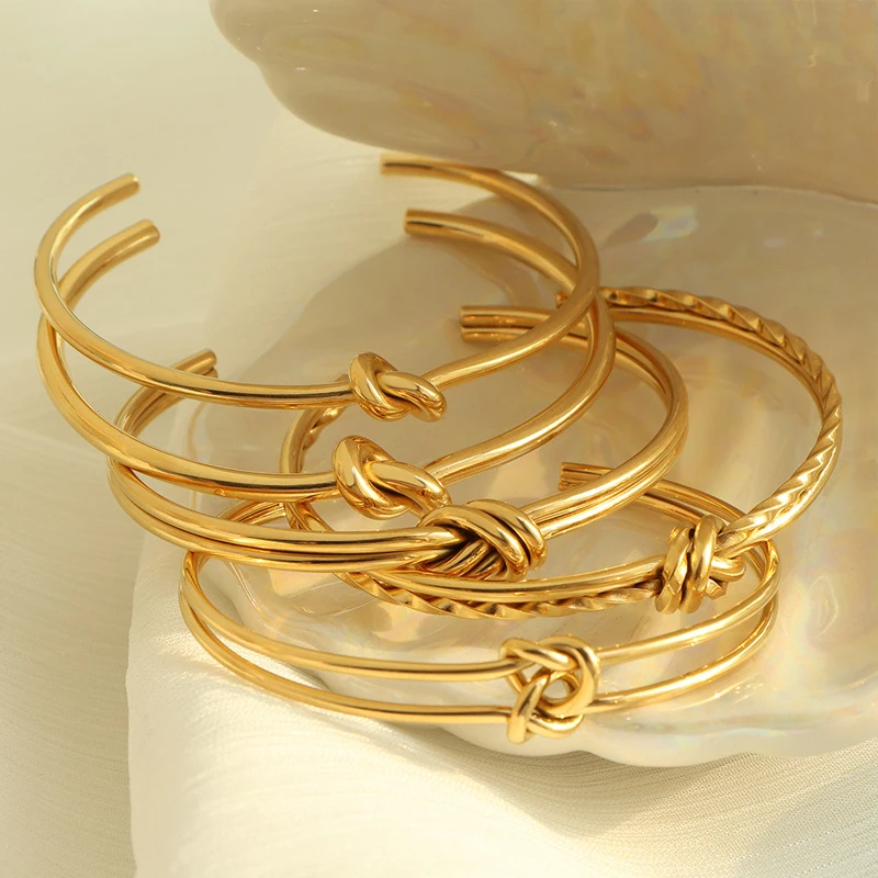 Minimalist 18K Gold Plated Stainless Steel Cuff Bangle Bracelet Handmade Love Knot Bangles Jewelry Women Tarnish Free
