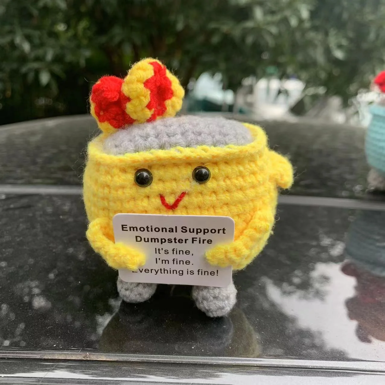 Handmade Knit Decoration. Cute Crochet Fire Extinguisher Box Emotional Support Dumpster Fire Fun, Inspirational Gift Home Decor